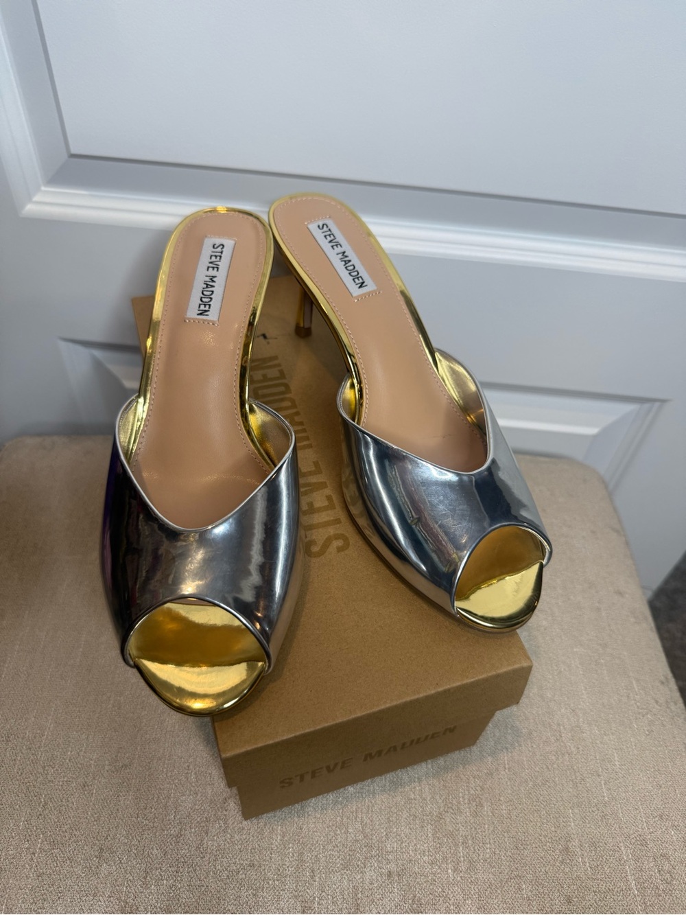 Steve Madden Silver and Gold Peep-Toe Mules - Picture 2 of 5